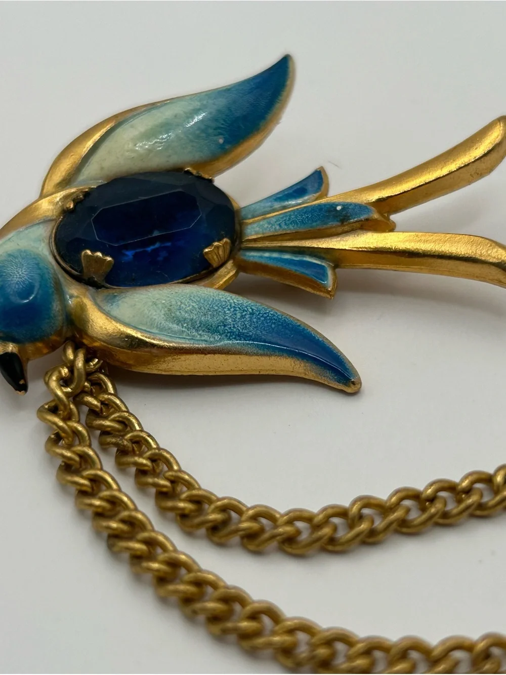 Vintage Coro Pegasus Blue Enamel Bird Chain Brooch - Elegant Blue Crystal Accent